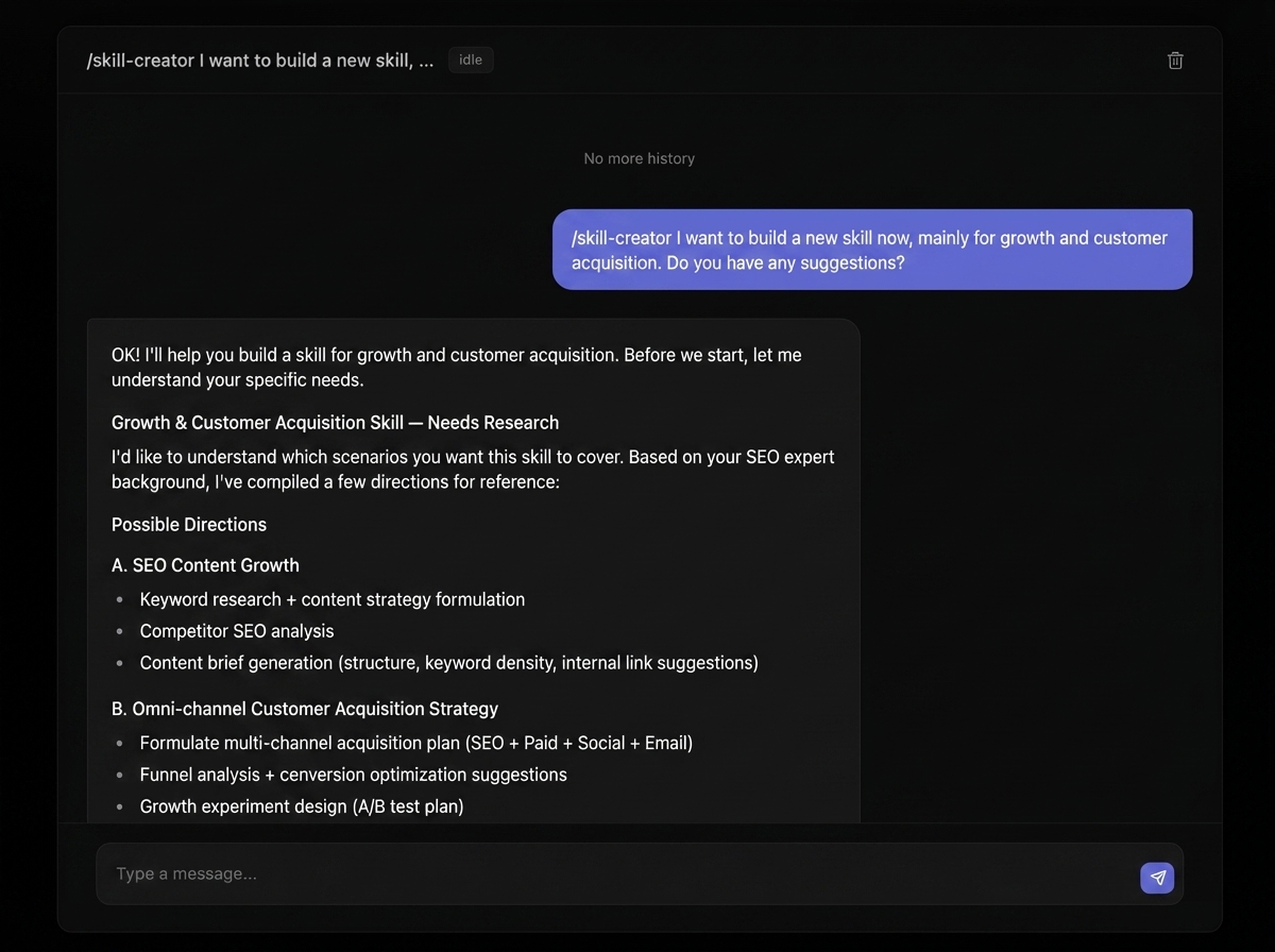 Skill creation dialog interface